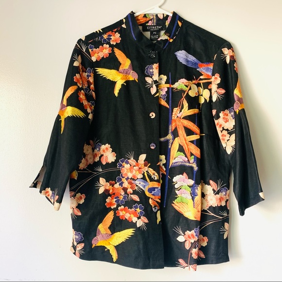 Citron Tops - Citron Petite Oriental Bird Embroidered Button Top